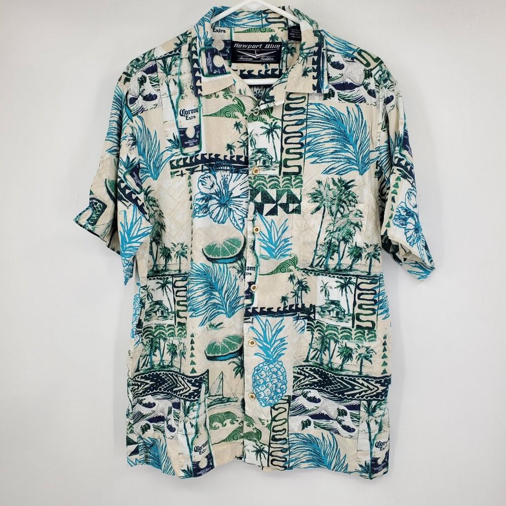 Newport Blue Corona Beer Hawaiian Tropical Short Sleeve Button Down‎ Shirt Large